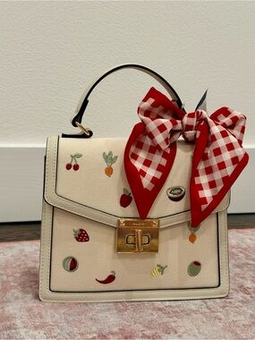 NWT Aldo Rare Cream Embroidered Fruit Top-Handle Bag with Red Gingham Bow